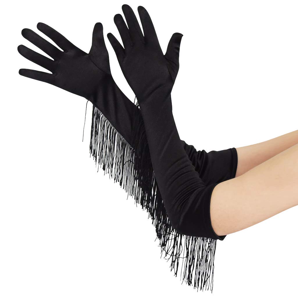 Bskifnn Long Satin Gloves with Tassel 19.3" Black Elbow Gloves Stretchy Size Opera Party 1920s Bridal Dance Gloves for Costume Party Wedding Halloween (Black)