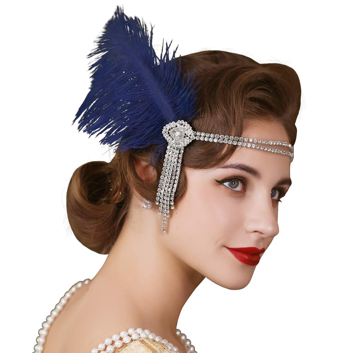 SWEETV Flapper Headbands Womens 1920s Headpiece Great Gatsby Inspired Feather Headband Cocktail Party Rhinestone Hair Accessories for Women Blue